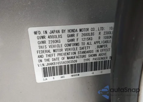 2006 Acura Rl 3.5 from USA, damaged, VIN JH4KB16556C003509